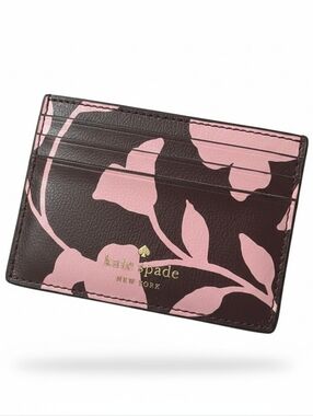 kate spade Pink Floral Card Holder on Dark Brown Leather